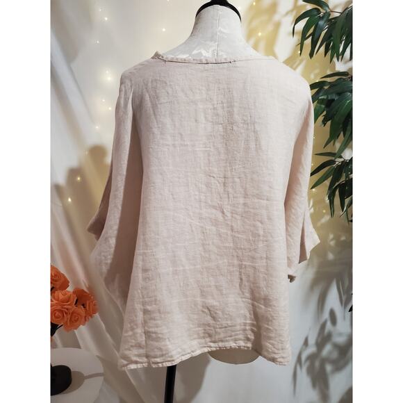 GiGi Moda Italy 100% Linen Dolman Sleeve Poncho Top OS Natural Flax Lagenlook - Picture 3 of 8
